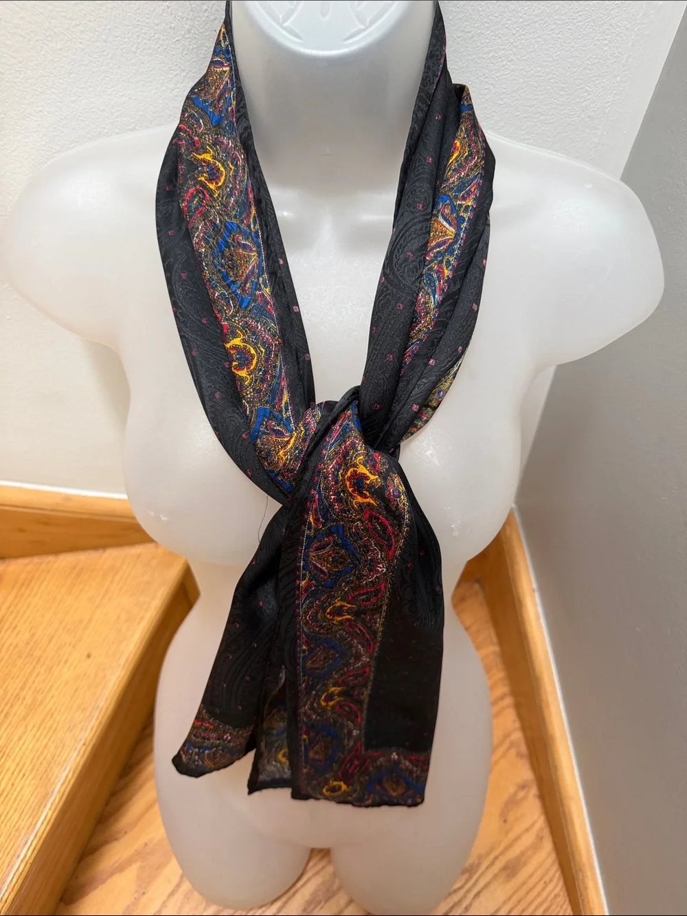 Vintage Silk Scarf Black Paisley Jacquard Oblong Scarf